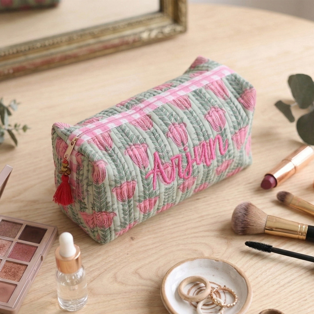 Personalized Block Printed Green & Pink Cotton Cosmetic Pouch