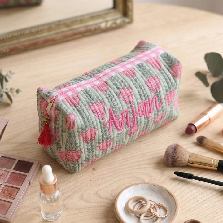 Personalized Block Printed Green & Pink Cotton Cosmetic Pouch