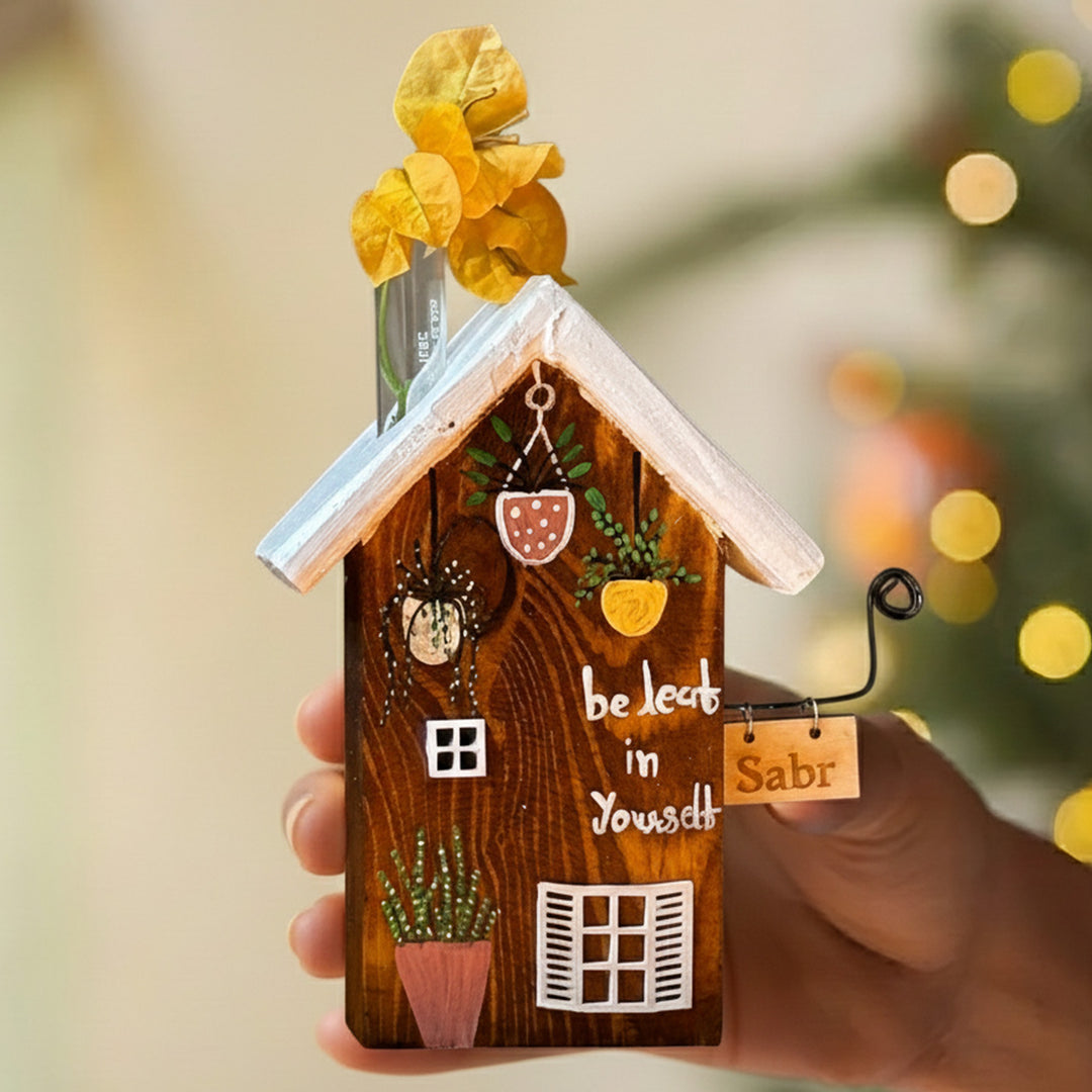 2 pc | Brown & Blue Handcrafted Miniature Wooden House Planter/Pen Holder