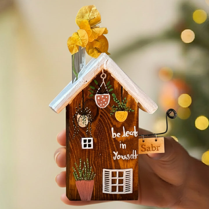 2 pc | Brown & Blue Handcrafted Miniature Wooden House Planter/Pen Holder