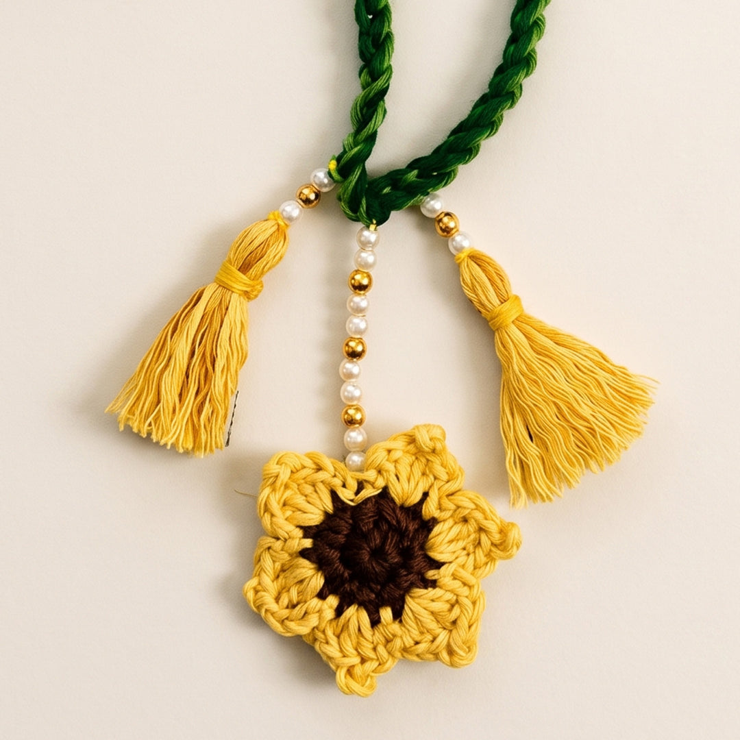 Handmade Crochet Sunflower Lumba Rakhi For Bhabhi With Roli Chawal