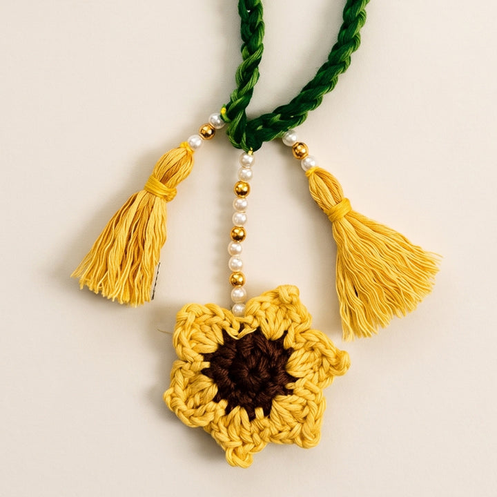 Handmade Crochet Sunflower Lumba Rakhi For Bhabhi With Roli Chawal