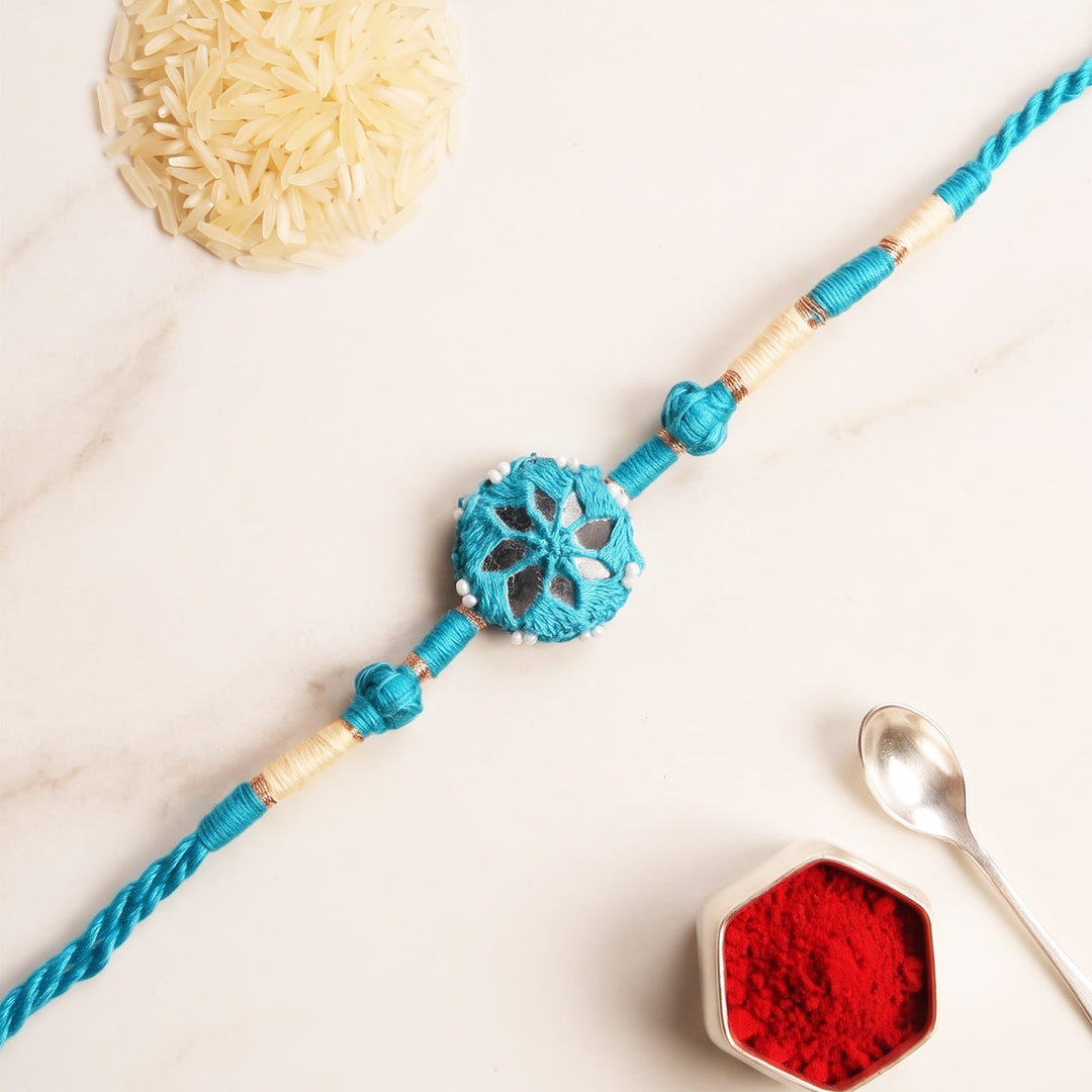 Handmade Mirror Work Patwa Blue Cotton Rakhi With Roli Chawal