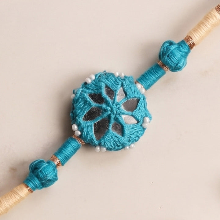 Handmade Mirror Work Patwa Blue Cotton Rakhi With Roli Chawal