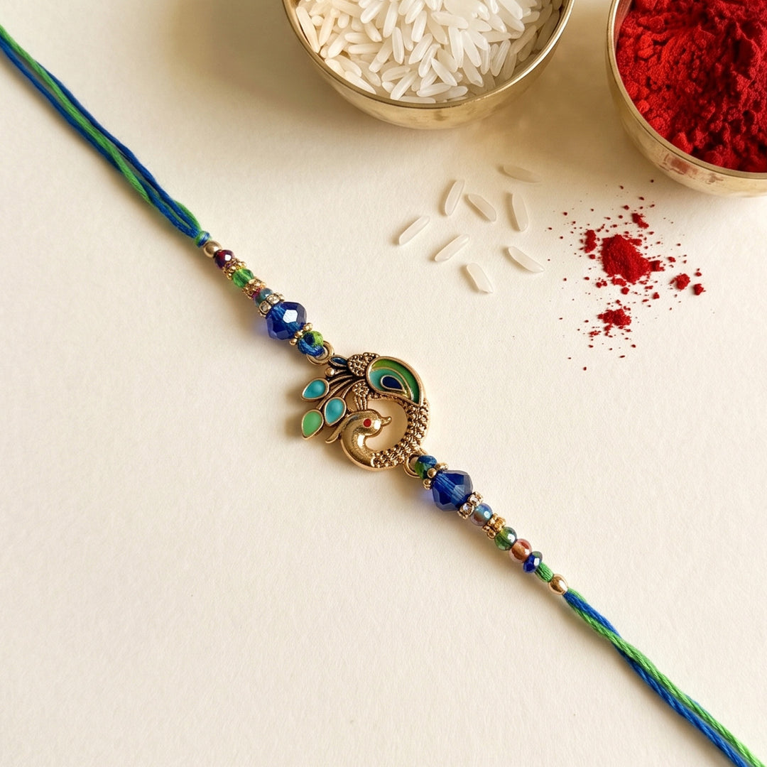 Morpankh Peacock Feather Kundan Rakhi With Roli Chawal For Brother