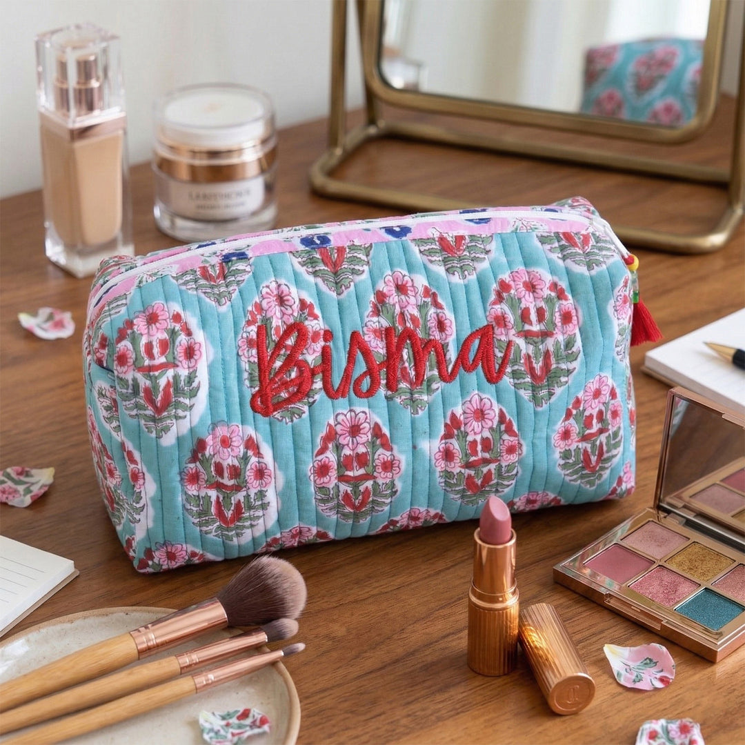 Personalized Block Printed Turquoise Cotton Cosmetic Pouch