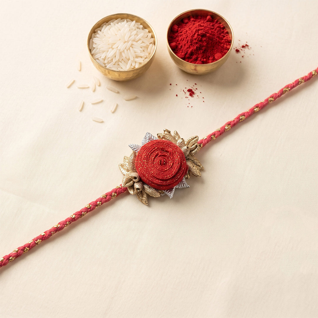 Handmade Rose Bloom Silk Rakhi For Brother With Roli Chawal