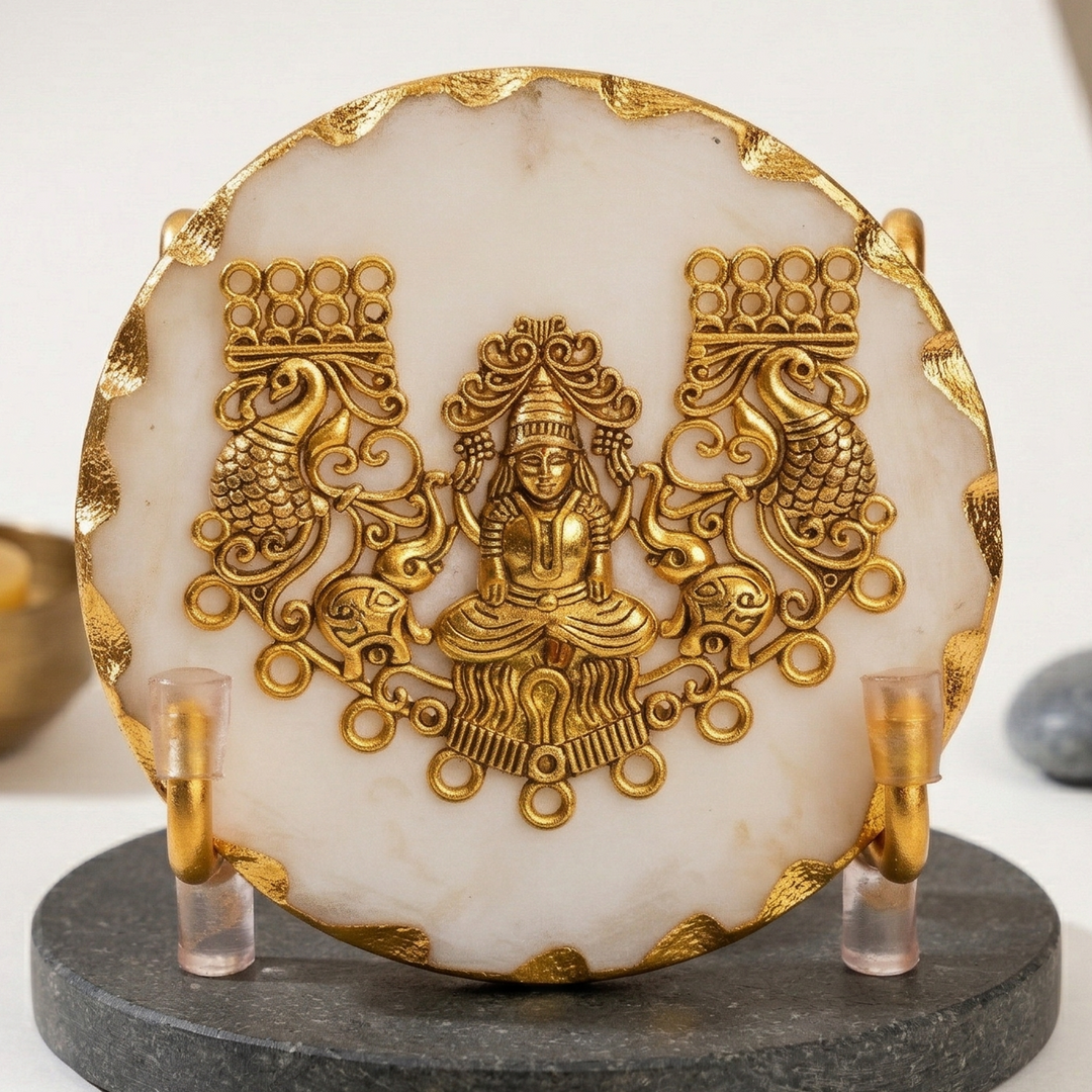 White Marble Laxmi Gold Leafing Showpiece With Metal Stand