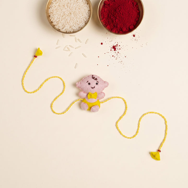 Hand Embroidered Adorable Baby Rakhi With Brooch Pin & Keychain For Baby Brother