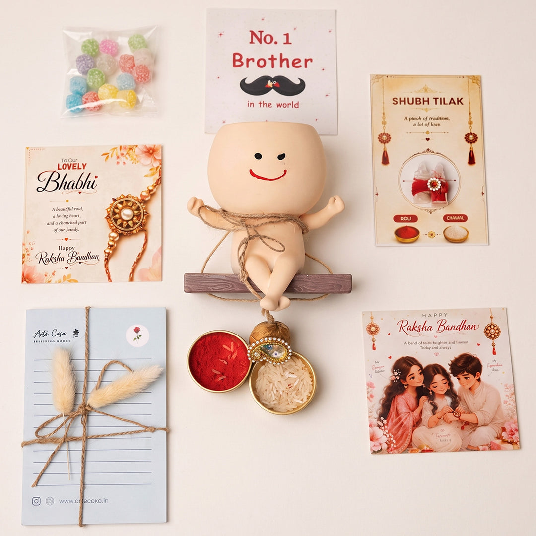 "Planter Paglu" Decorative Resin Planter Rakhi Hamper With Rakhi Set & Roli Chawal For Bhaiya Bhabhi