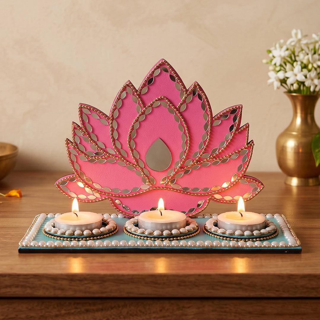 Handcrafted Lotus MDF 3-Slot Tealight Holder For Festive Decor