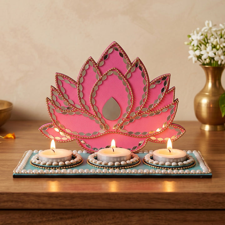 Handcrafted Lotus MDF 3-Slot Tealight Holder For Festive Decor