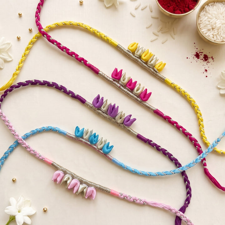 Handcrafted Tulip Bud & Silver Zari Silk Fabric Rakhi For Brother With Roli Chawal
