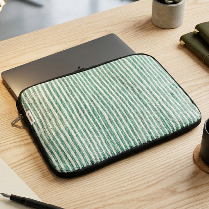 Handcrafted Green and White Striped Upcycled Plastic 14" Laptop Sleeve