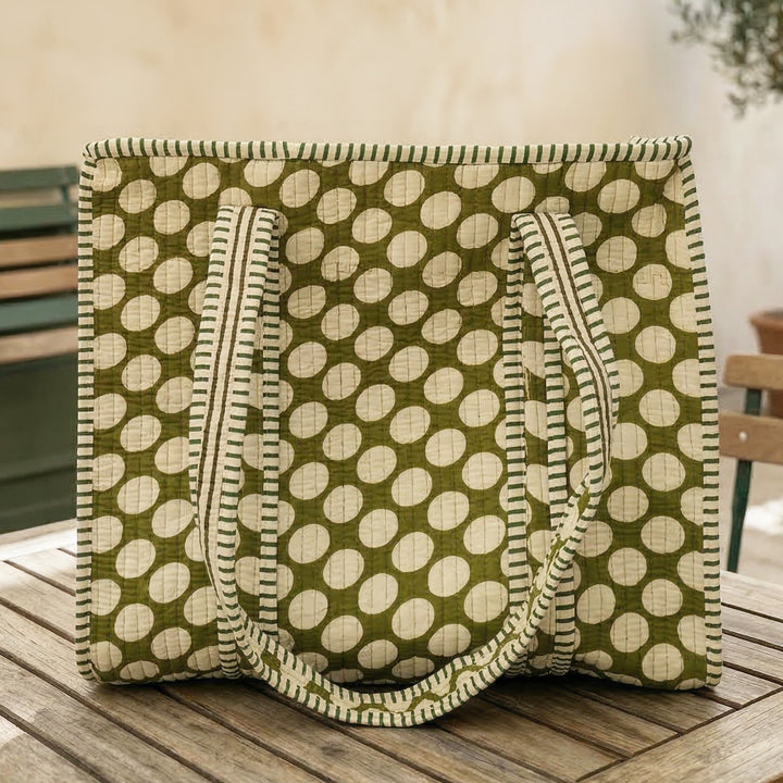 Handmade Olive Polka Cotton Tote Bag