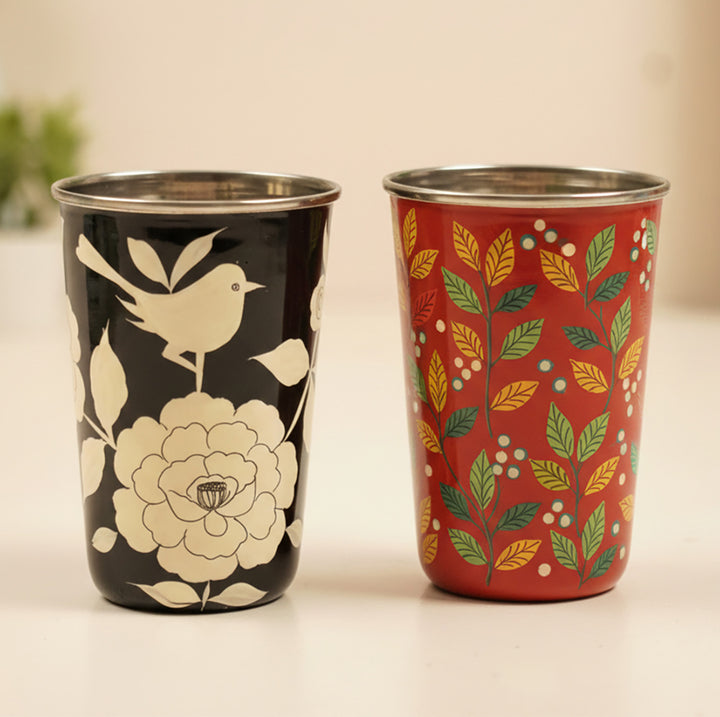 2Pc | Hand-Painted Red & Black Floral Kashmiri Art Stainless Steel Large Glasses