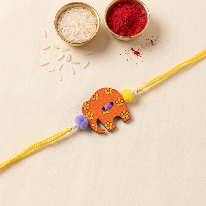 Gaju Elephant Handcrafted Wooden Kids Rakhi With Roli Chawal For Brother