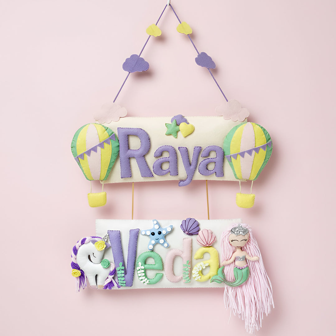 Customized Handcrafted Hot Air Balloon Theme Felt Name Plate for Siblings