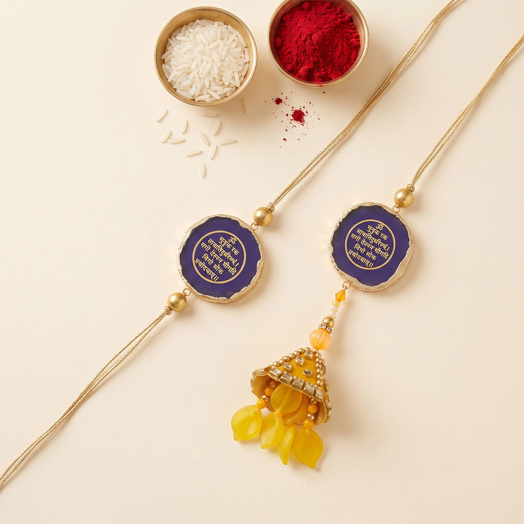 Handmade "Gayatri Mantra" Purple Premium Agate Bhaiya Bhabhi Couple Rakhi & Lumba Set With Roli Chawal, Nariyal And Gift Box | Set of 2