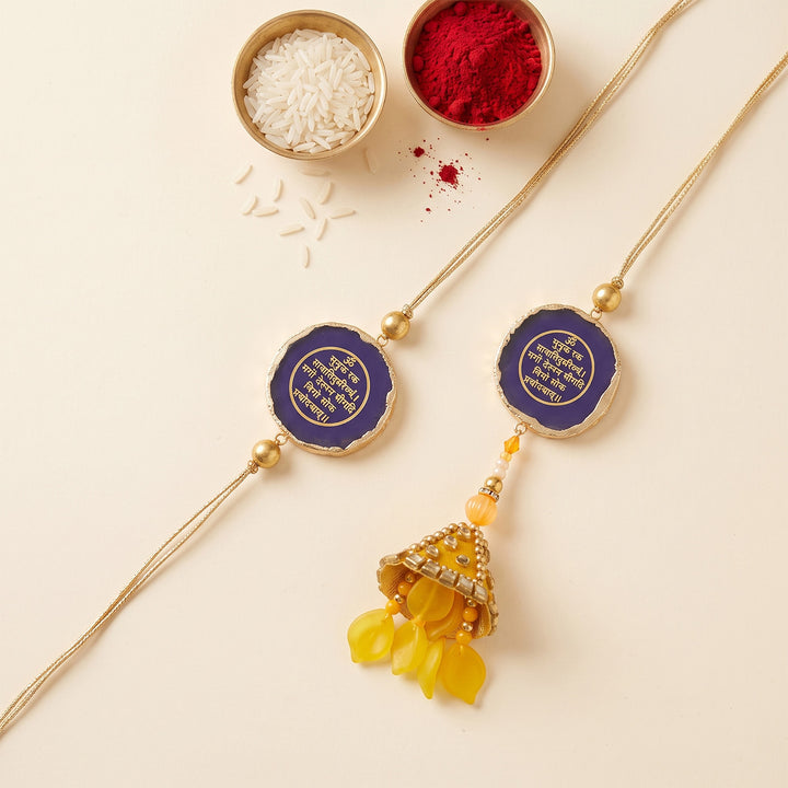 Handmade "Gayatri Mantra" Purple Premium Agate Bhaiya Bhabhi Couple Rakhi & Lumba Set With Roli Chawal, Nariyal And Gift Box | Set of 2