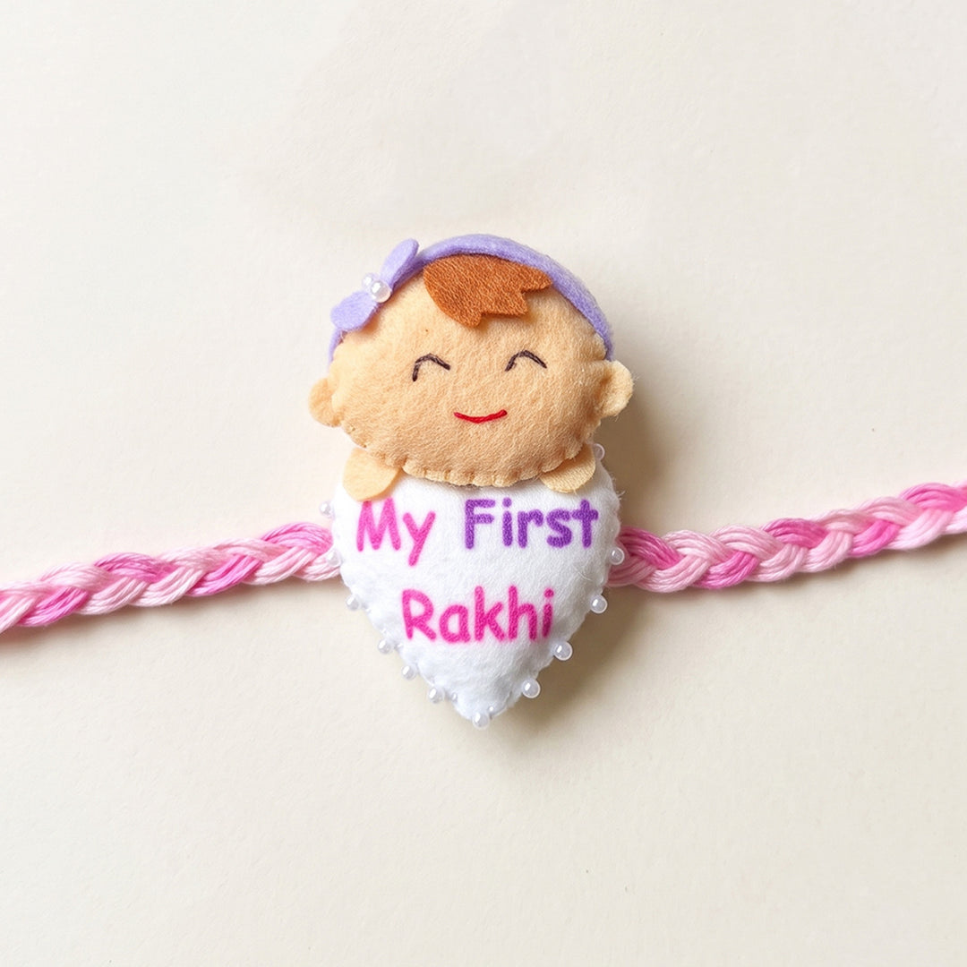 Handmade Felt Pink "My First Rakhi" With Roli Chawal For Baby