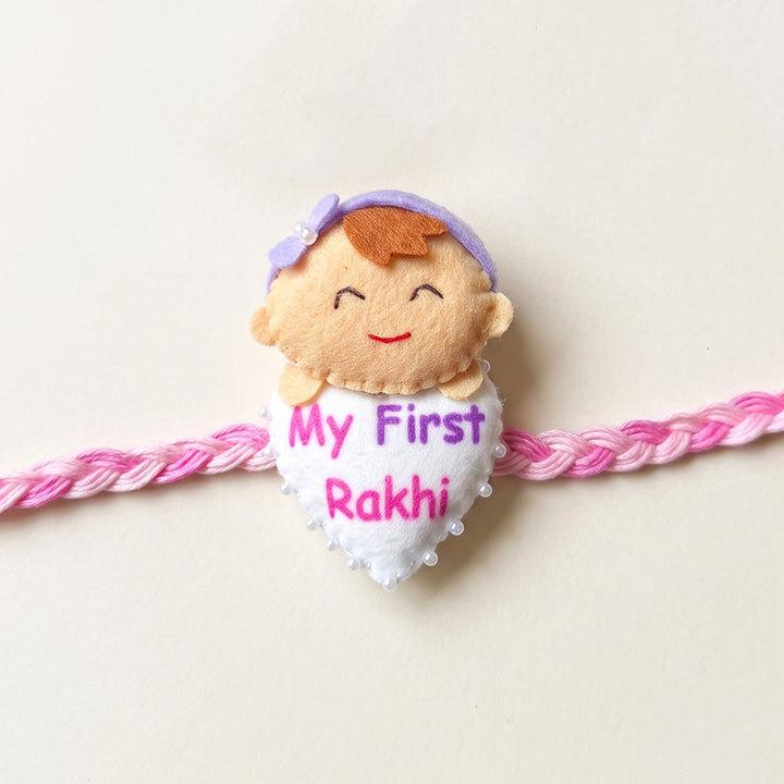Handmade Felt Pink "My First Rakhi" With Roli Chawal For Baby