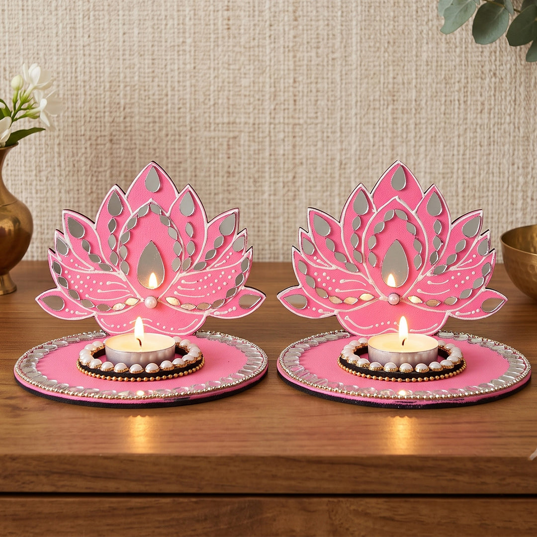 Set of 2 | Handcrafted Lotus MDF Tealight Holders With Mirror Work For Festive Decor