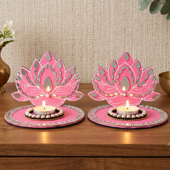 Set of 2 | Handcrafted Lotus MDF Tealight Holders With Mirror Work For Festive Decor