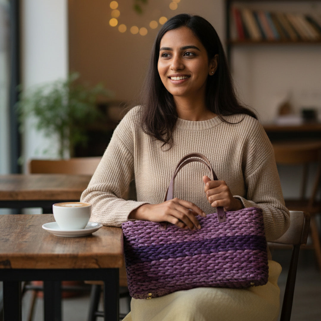 Handmade Grass Woven Single Lavender Horizontal Stripped Sabai Mesh Handbag