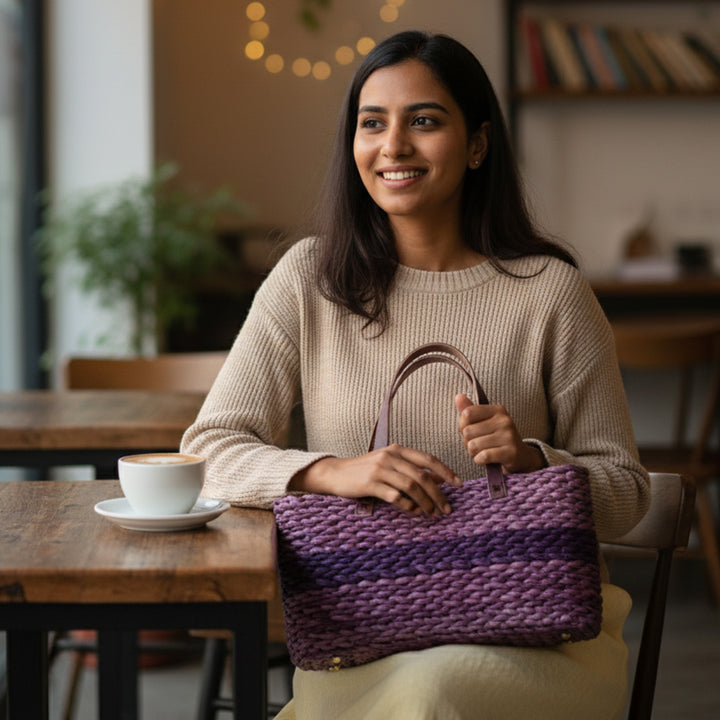 Handmade Grass Woven Single Lavender Horizontal Stripped Sabai Mesh Handbag