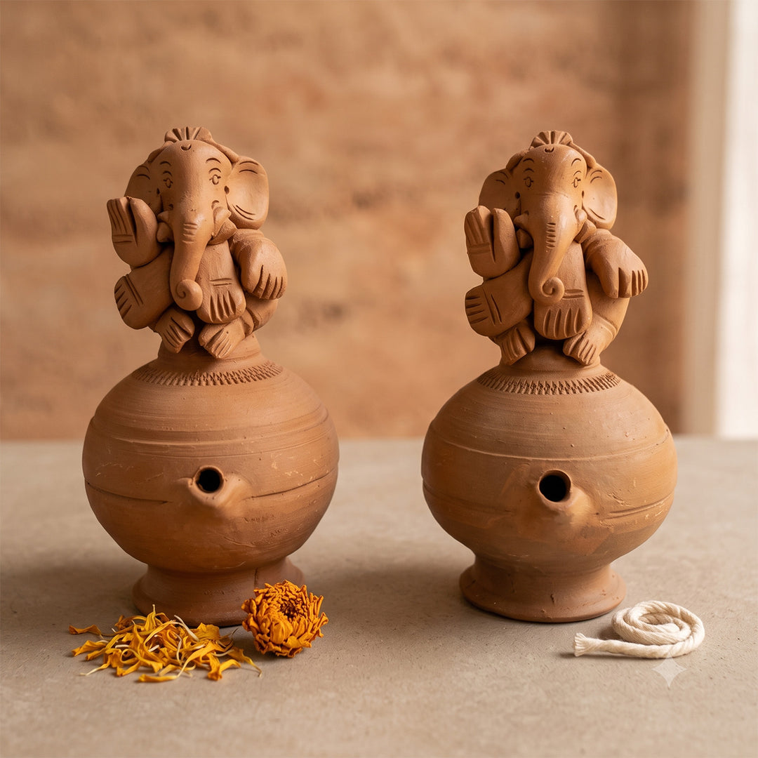 Set Of 2 | "Ganesh Magic" Handmade Terracotta Oil Lamp For Festive Decor
