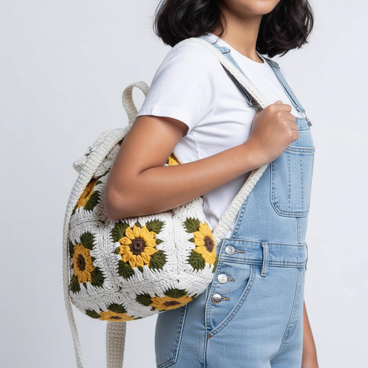 Handmade Crochet Sunflower Design White Cotton Backpack