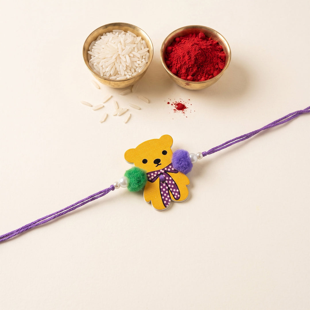 Bow-Tie Teddy Handcrafted Wooden Kids Rakhi With Roli Chawal For Brother