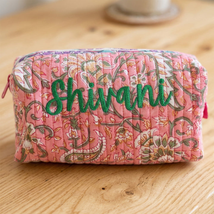 Personalized Block Printed Light Pink Cotton Cosmetic Pouch