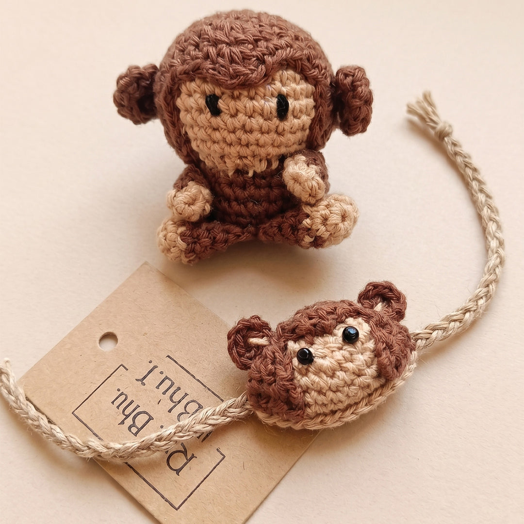 Handmade Crochet Little Monkey Theme Crochet Rakhi Gift Box With Roli Chawal for Kids
