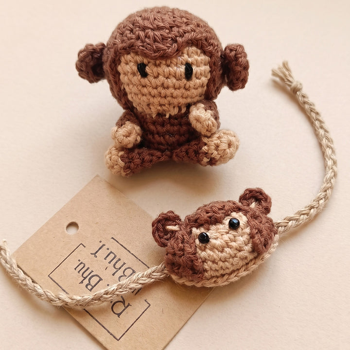 Handmade Crochet Little Monkey Theme Crochet Rakhi Gift Box With Roli Chawal for Kids