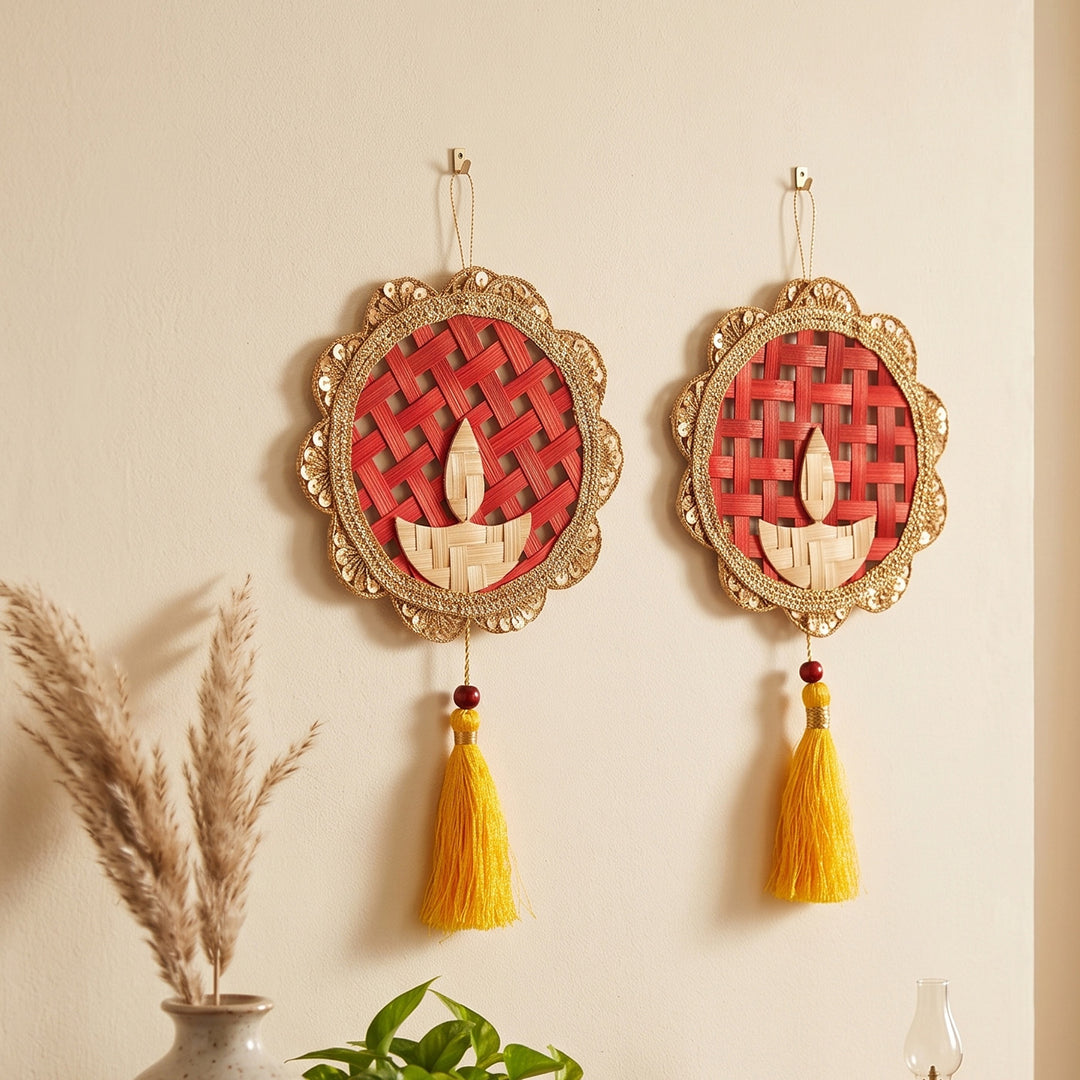 Set of 2 | Deepak Handcrafted Bamboo Diya Wall Hanging For Festive Decor