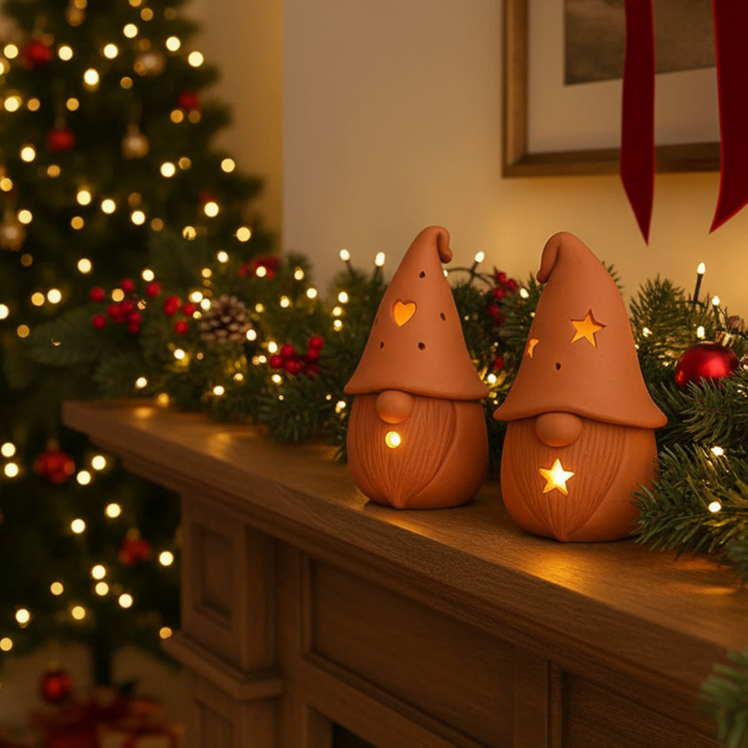 Handmade Gonk Theme Terracotta Tealight Holders For Christmas Decoration | Set Of 2