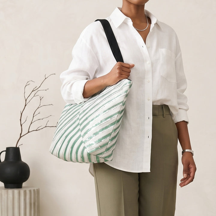 Green and White Upcycled Plastic Handcrafted Designer Tote Bag