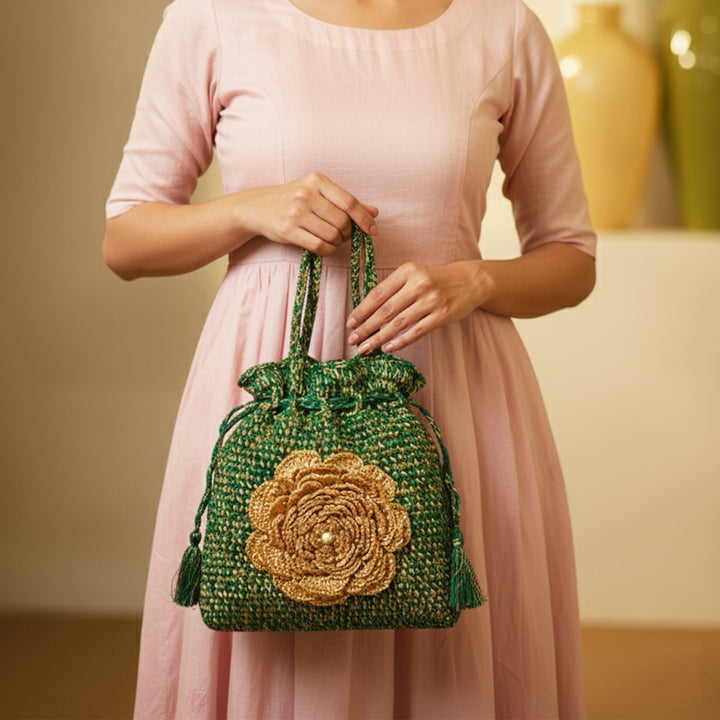 Handmade Crochet Emerald & Golden Potli
