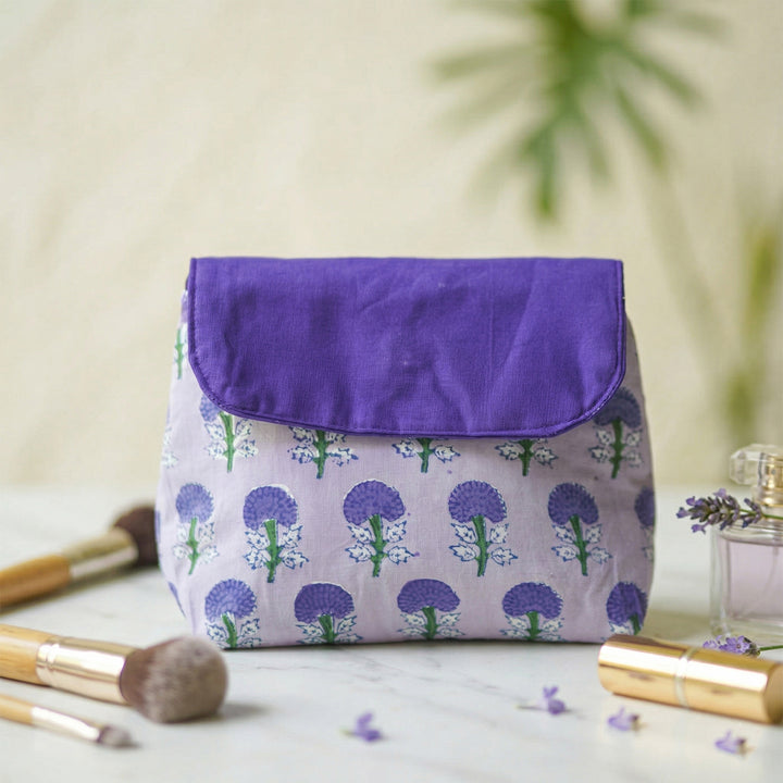 Purple Floral Flap Cotton Makeup Pouch