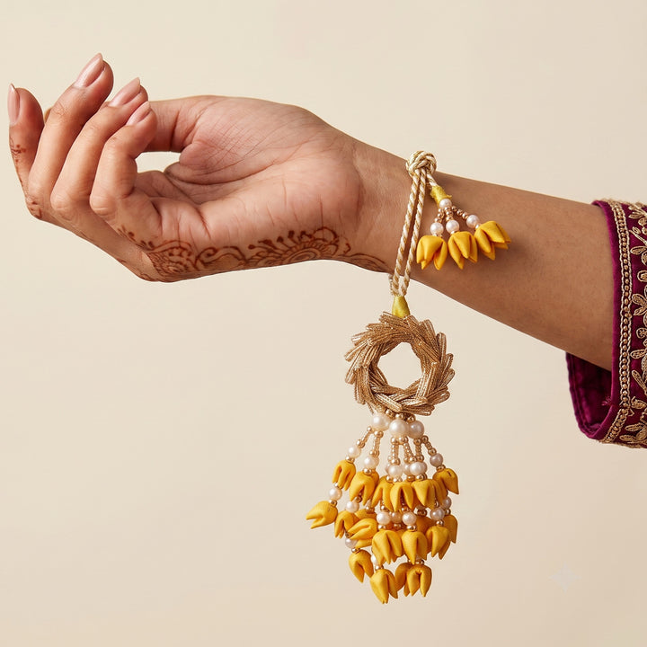 Handmade Floral Ring Tassel Silk Fabric Lumba Rakhi For Bhabhi With Roli Chawal