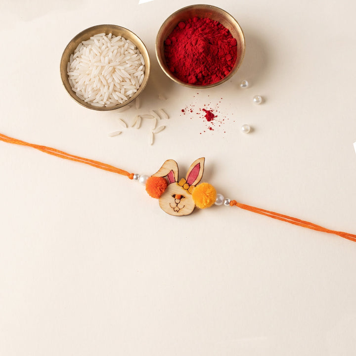 Fluffy Bunny Handcrafted Wooden Kids Rakhi With Roli Chawal For Brother