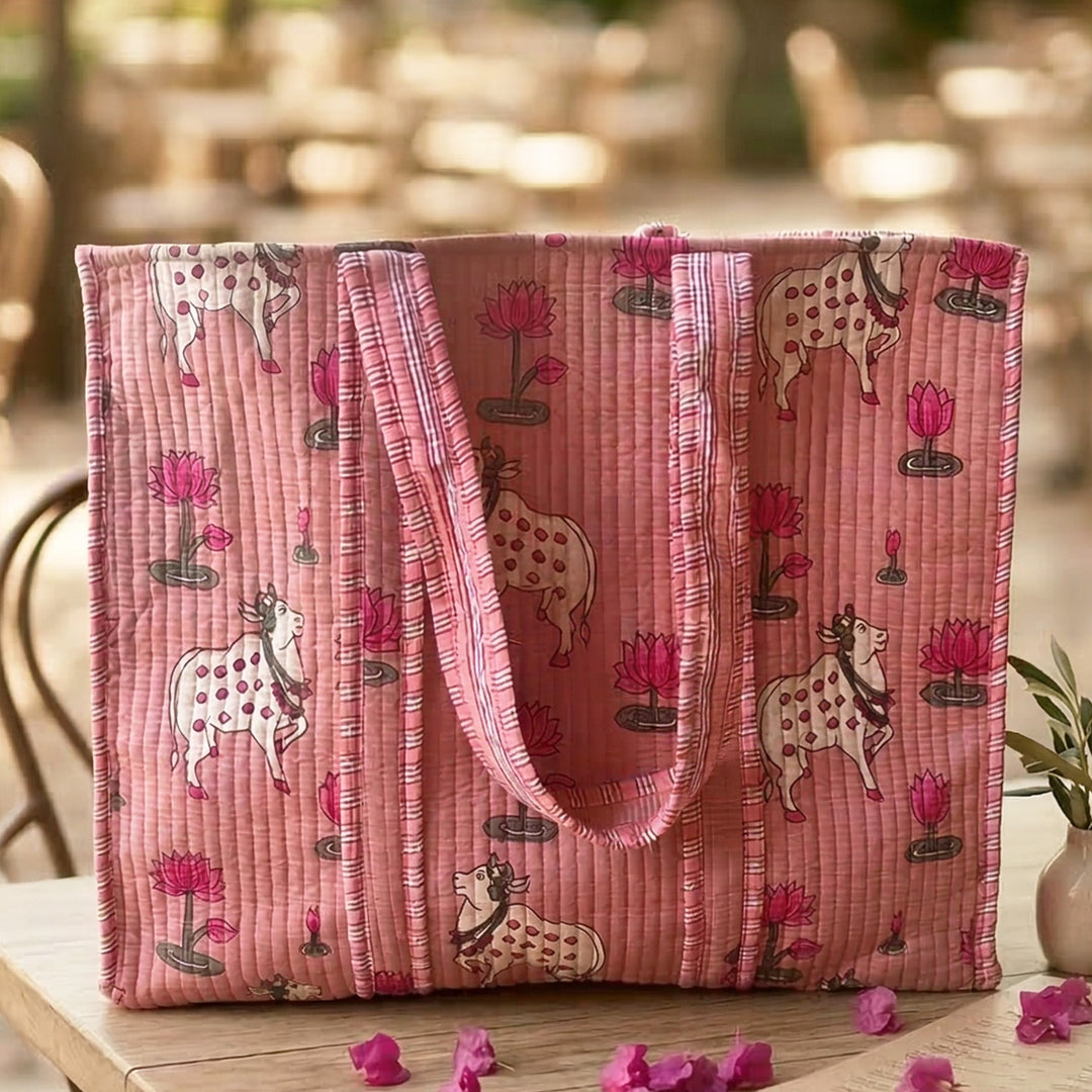Handmade Pichwai & Rose Cotton Tote Bag