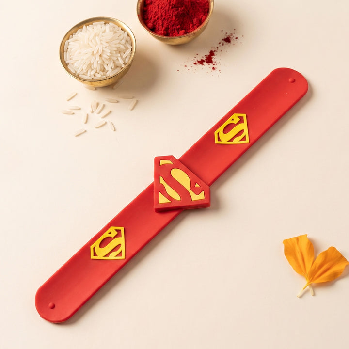 Handmade Superman Silicone Slap Band Rakhi For Kids With Roli Chawal For Brother