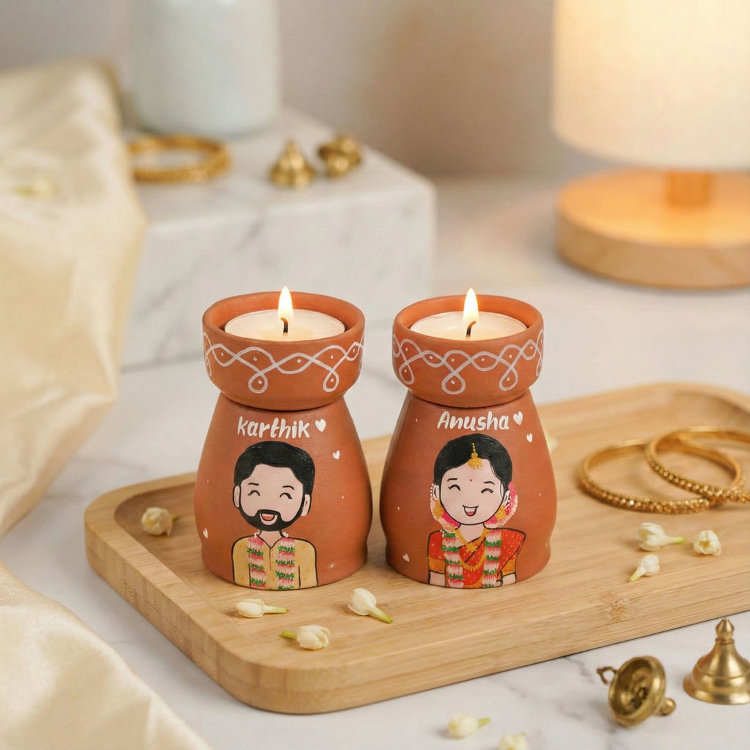 2 Pc | South Indian Couple Personalized Handpainted Terracotta Tealight Holder