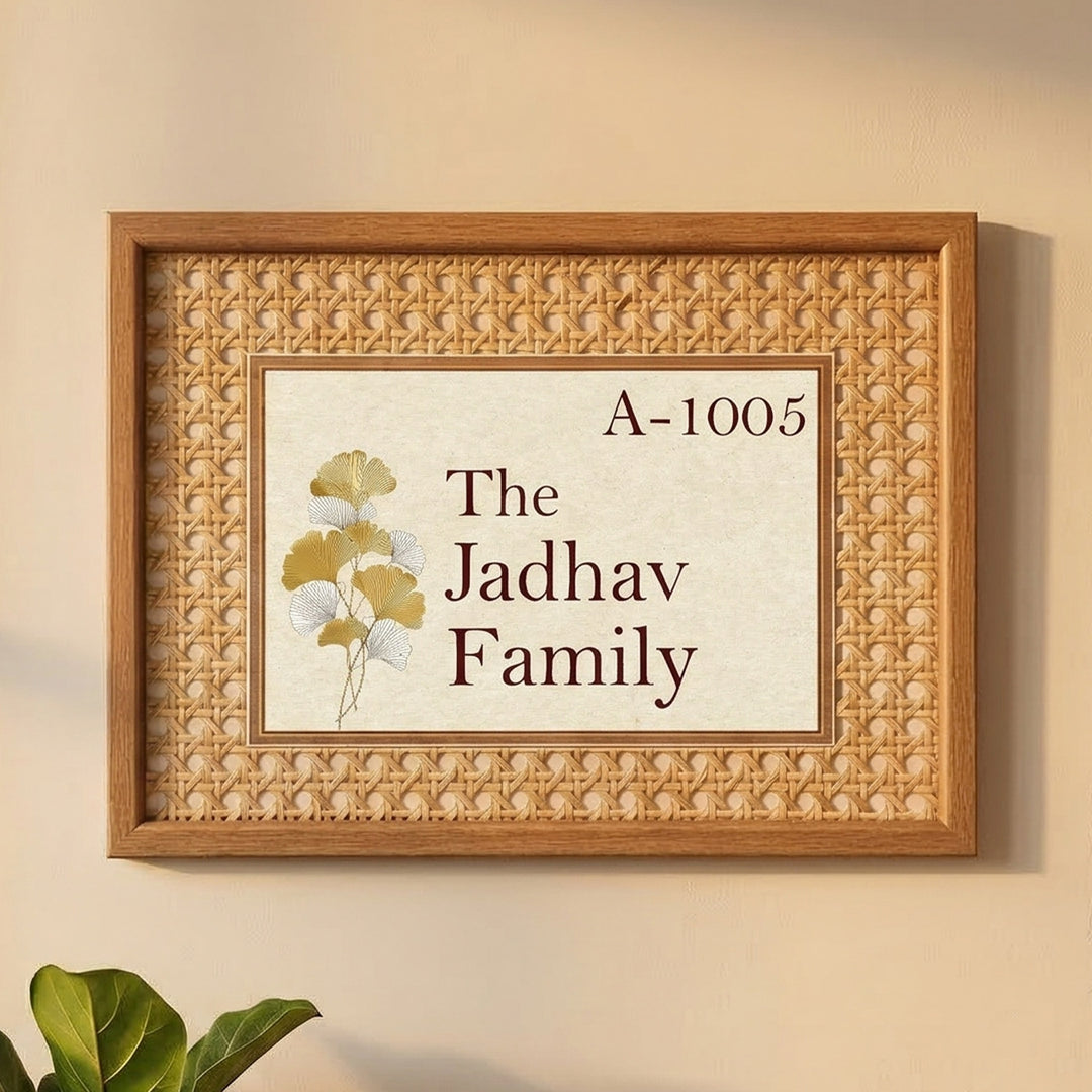 Handmade Ginkgo Leaf Motif Rattan Name Plate With Wooden Frame