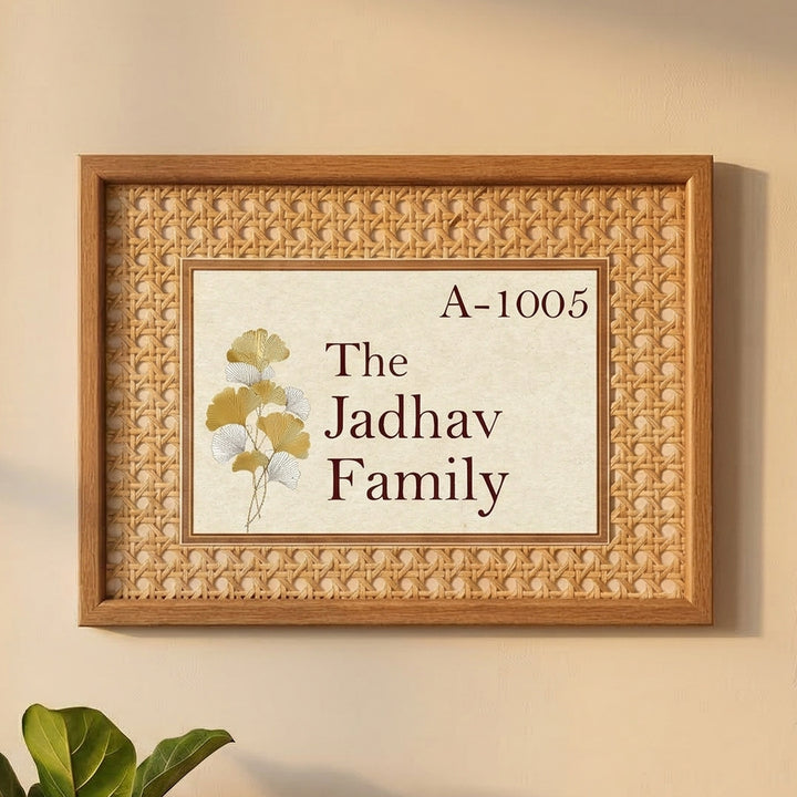 Handmade Ginkgo Leaf Motif Rattan Name Plate With Wooden Frame