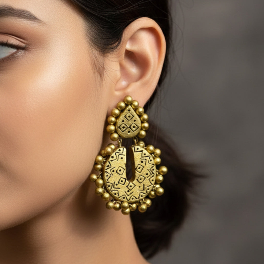 Handmade Rustic Gold Chandbali Terracotta Earrings