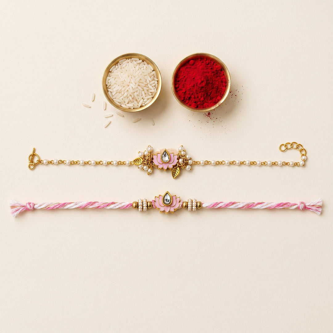 Reusable Lotus & Pearl Couple Rakhi With Roli Chawal For Bhaiya Bhabhi | Set of 2